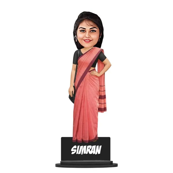 Personalized_Girl_Caricature_in_Saree_with_Purse,_7_Inch_Custom_2D_Wooden_Figurine_with_Stand_&_Acrylic_Nameplate,_Double_Layer_Glossy_Laminated_MDF_Gift_for_Women_&_Girls,_Any_Dress_&_Profession