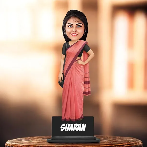 Personalized_Girl_Caricature_in_Saree_with_Purse,_7_Inch_Custom_2D_Wooden_Figurine_with_Stand_&_Acrylic_Nameplate,_Double_Layer_Glossy_Laminated_MDF_Gift_for_Women_&_Girls,_Any_Dress_&_Profession