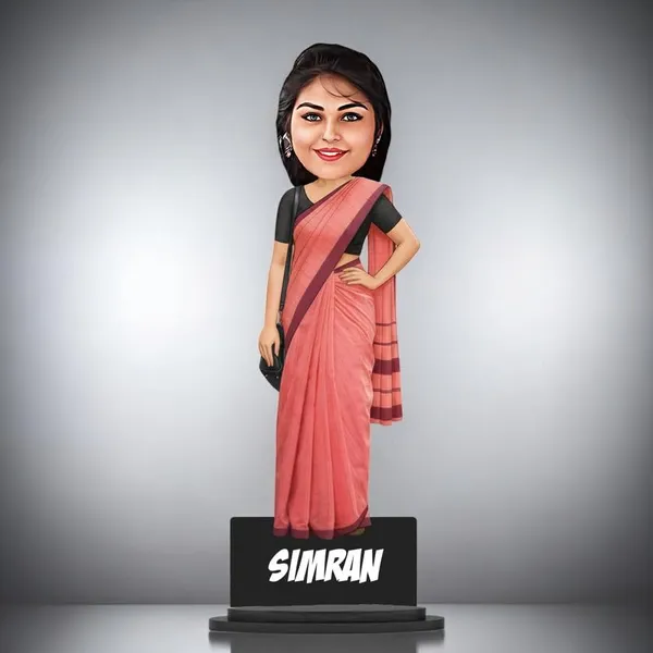 Personalized_Girl_Caricature_in_Saree_with_Purse,_7_Inch_Custom_2D_Wooden_Figurine_with_Stand_&_Acrylic_Nameplate,_Double_Layer_Glossy_Laminated_MDF_Gift_for_Women_&_Girls,_Any_Dress_&_Profession