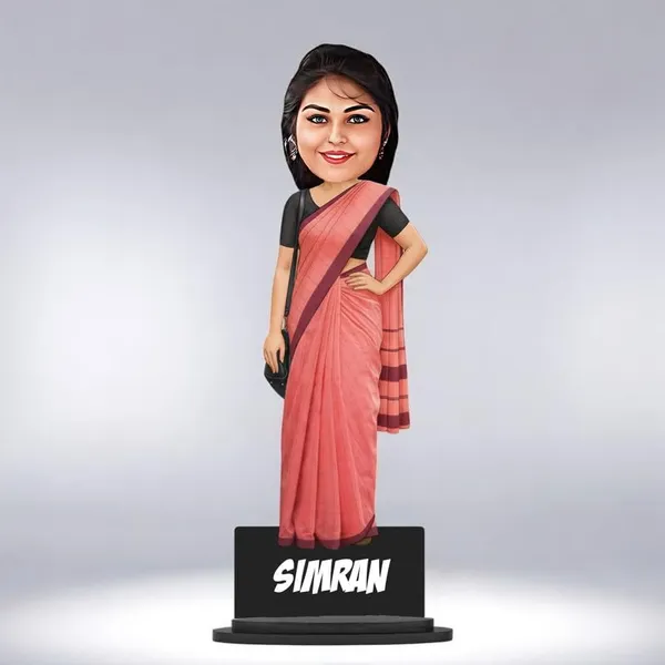 Personalized_Girl_Caricature_in_Saree_with_Purse,_7_Inch_Custom_2D_Wooden_Figurine_with_Stand_&_Acrylic_Nameplate,_Double_Layer_Glossy_Laminated_MDF_Gift_for_Women_&_Girls,_Any_Dress_&_Profession