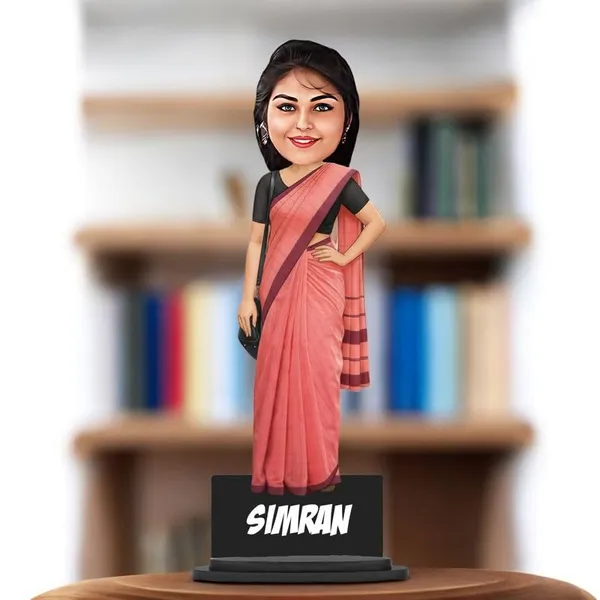 Personalized_Girl_Caricature_in_Saree_with_Purse,_7_Inch_Custom_2D_Wooden_Figurine_with_Stand_&_Acrylic_Nameplate,_Double_Layer_Glossy_Laminated_MDF_Gift_for_Women_&_Girls,_Any_Dress_&_Profession