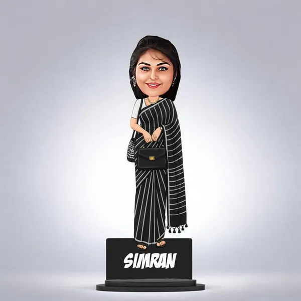 Personalized_Girl_Caricature_in_Saree_with_Purse,_7_Inch_Custom_2D_Wooden_Figurine_with_Stand_&_Acrylic_Nameplate,_Double_Layer_Glossy_Laminated_MDF_Gift_for_Women_&_Girls,_Any_Dress_&_Profession