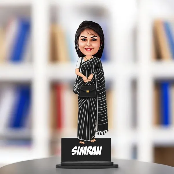 Personalized_Girl_Caricature_in_Saree_with_Purse,_7_Inch_Custom_2D_Wooden_Figurine_with_Stand_&_Acrylic_Nameplate,_Double_Layer_Glossy_Laminated_MDF_Gift_for_Women_&_Girls,_Any_Dress_&_Profession