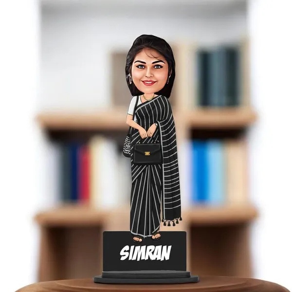 Personalized_Girl_Caricature_in_Saree_with_Purse,_7_Inch_Custom_2D_Wooden_Figurine_with_Stand_&_Acrylic_Nameplate,_Double_Layer_Glossy_Laminated_MDF_Gift_for_Women_&_Girls,_Any_Dress_&_Profession