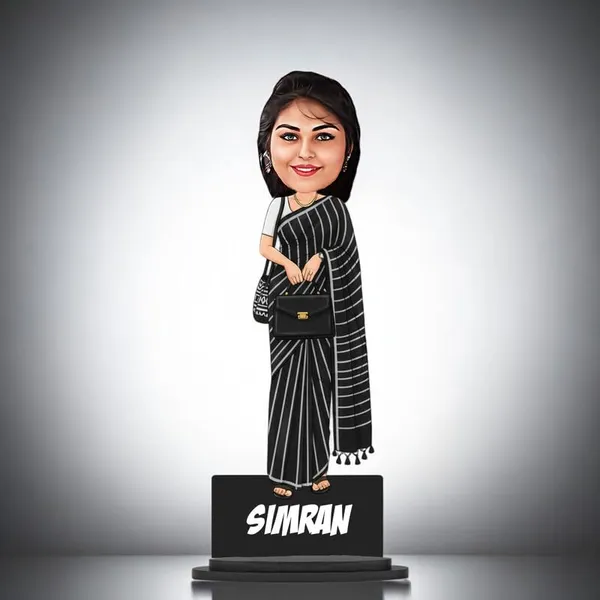 Personalized_Girl_Caricature_in_Saree_with_Purse,_7_Inch_Custom_2D_Wooden_Figurine_with_Stand_&_Acrylic_Nameplate,_Double_Layer_Glossy_Laminated_MDF_Gift_for_Women_&_Girls,_Any_Dress_&_Profession