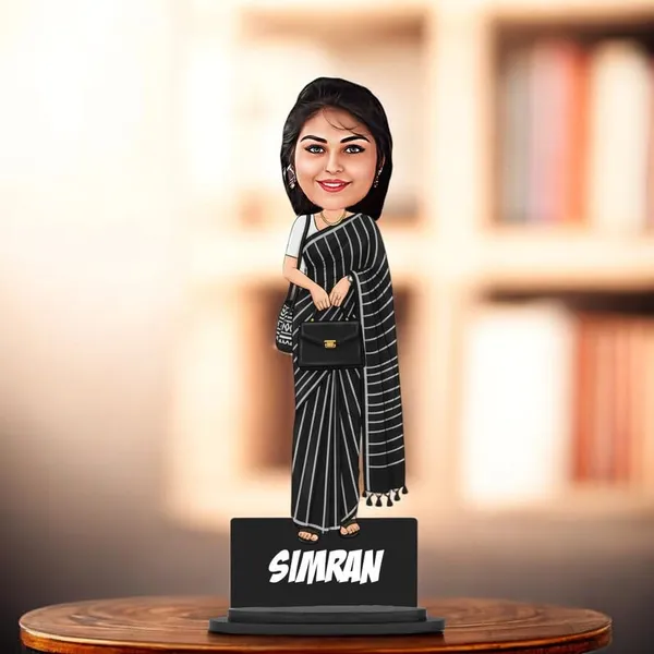Personalized_Girl_Caricature_in_Saree_with_Purse,_7_Inch_Custom_2D_Wooden_Figurine_with_Stand_&_Acrylic_Nameplate,_Double_Layer_Glossy_Laminated_MDF_Gift_for_Women_&_Girls,_Any_Dress_&_Profession