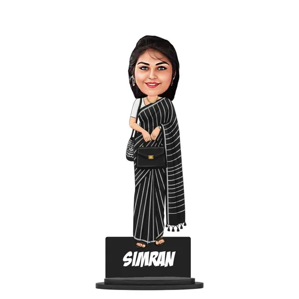 Personalized_Girl_Caricature_in_Saree_with_Purse,_7_Inch_Custom_2D_Wooden_Figurine_with_Stand_&_Acrylic_Nameplate,_Double_Layer_Glossy_Laminated_MDF_Gift_for_Women_&_Girls,_Any_Dress_&_Profession