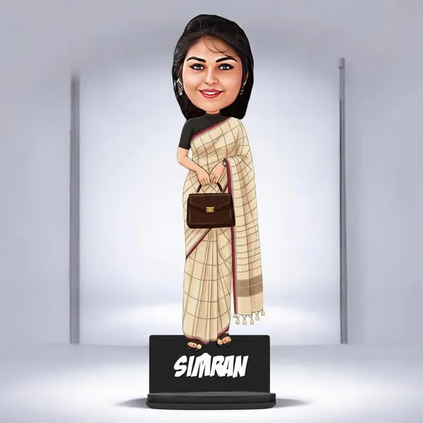 Personalized_Girl_Caricature_in_Saree_with_Purse,_7_Inch_Custom_2D_Wooden_Figurine_with_Stand_&_Acrylic_Nameplate,_Double_Layer_Glossy_Laminated_MDF_Gift_for_Women_&_Girls,_Any_Dress_&_Profession