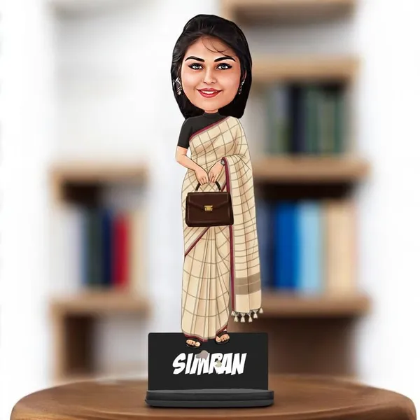 Personalized_Girl_Caricature_in_Saree_with_Purse,_7_Inch_Custom_2D_Wooden_Figurine_with_Stand_&_Acrylic_Nameplate,_Double_Layer_Glossy_Laminated_MDF_Gift_for_Women_&_Girls,_Any_Dress_&_Profession