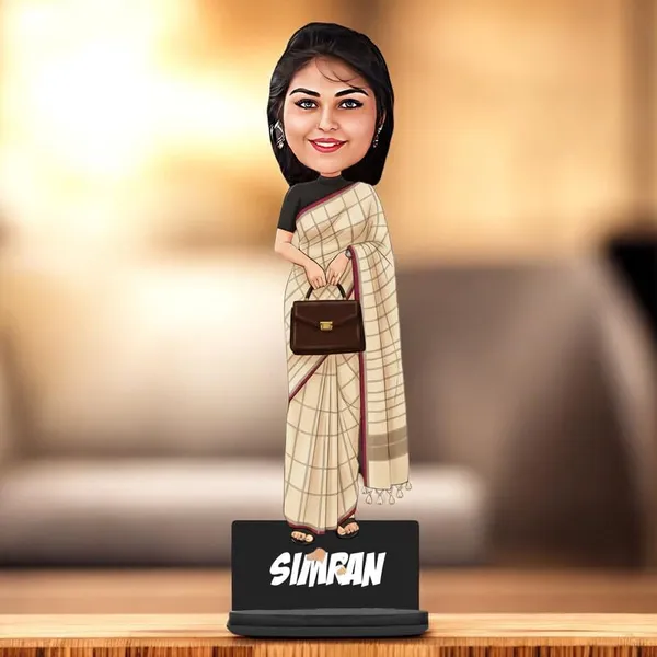 Personalized_Girl_Caricature_in_Saree_with_Purse,_7_Inch_Custom_2D_Wooden_Figurine_with_Stand_&_Acrylic_Nameplate,_Double_Layer_Glossy_Laminated_MDF_Gift_for_Women_&_Girls,_Any_Dress_&_Profession