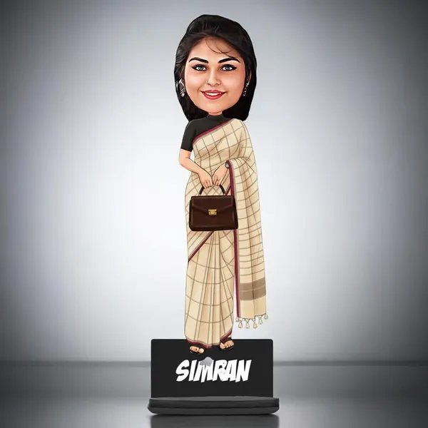 Personalized_Girl_Caricature_in_Saree_with_Purse,_7_Inch_Custom_2D_Wooden_Figurine_with_Stand_&_Acrylic_Nameplate,_Double_Layer_Glossy_Laminated_MDF_Gift_for_Women_&_Girls,_Any_Dress_&_Profession