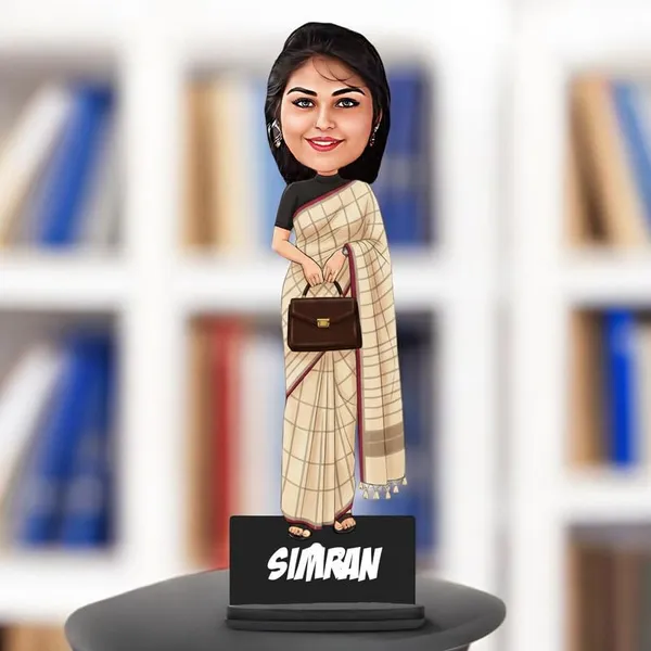 Personalized_Girl_Caricature_in_Saree_with_Purse,_7_Inch_Custom_2D_Wooden_Figurine_with_Stand_&_Acrylic_Nameplate,_Double_Layer_Glossy_Laminated_MDF_Gift_for_Women_&_Girls,_Any_Dress_&_Profession