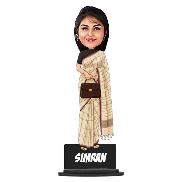 Personalized_Girl_Caricature_in_Saree_with_Purse,_7_Inch_Custom_2D_Wooden_Figurine_with_Stand_&_Acrylic_Nameplate,_Double_Layer_Glossy_Laminated_MDF_Gift_for_Women_&_Girls,_Any_Dress_&_Profession