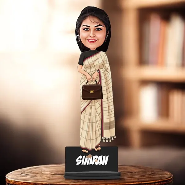 Personalized_Girl_Caricature_in_Saree_with_Purse,_7_Inch_Custom_2D_Wooden_Figurine_with_Stand_&_Acrylic_Nameplate,_Double_Layer_Glossy_Laminated_MDF_Gift_for_Women_&_Girls,_Any_Dress_&_Profession