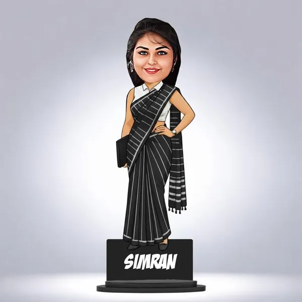 Personalized_Girl_Caricature_in_Saree_with_Purse,_7_Inch_Custom_2D_Wooden_Figurine_with_Stand_&_Acrylic_Nameplate,_Double_Layer_Glossy_Laminated_MDF_Gift_for_Women_&_Girls,_Any_Dress_&_Profession