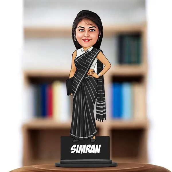 Personalized_Girl_Caricature_in_Saree_with_Purse,_7_Inch_Custom_2D_Wooden_Figurine_with_Stand_&_Acrylic_Nameplate,_Double_Layer_Glossy_Laminated_MDF_Gift_for_Women_&_Girls,_Any_Dress_&_Profession