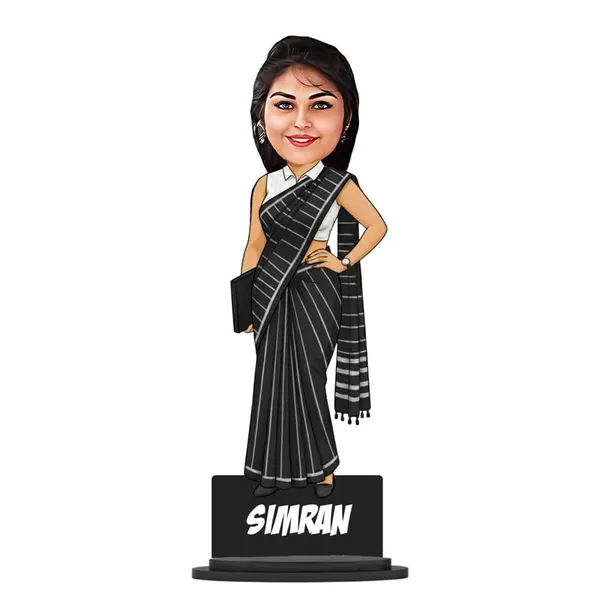 Personalized_Girl_Caricature_in_Saree_with_Purse,_7_Inch_Custom_2D_Wooden_Figurine_with_Stand_&_Acrylic_Nameplate,_Double_Layer_Glossy_Laminated_MDF_Gift_for_Women_&_Girls,_Any_Dress_&_Profession