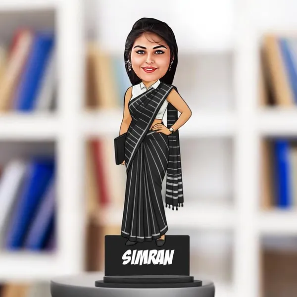 Personalized_Girl_Caricature_in_Saree_with_Purse,_7_Inch_Custom_2D_Wooden_Figurine_with_Stand_&_Acrylic_Nameplate,_Double_Layer_Glossy_Laminated_MDF_Gift_for_Women_&_Girls,_Any_Dress_&_Profession