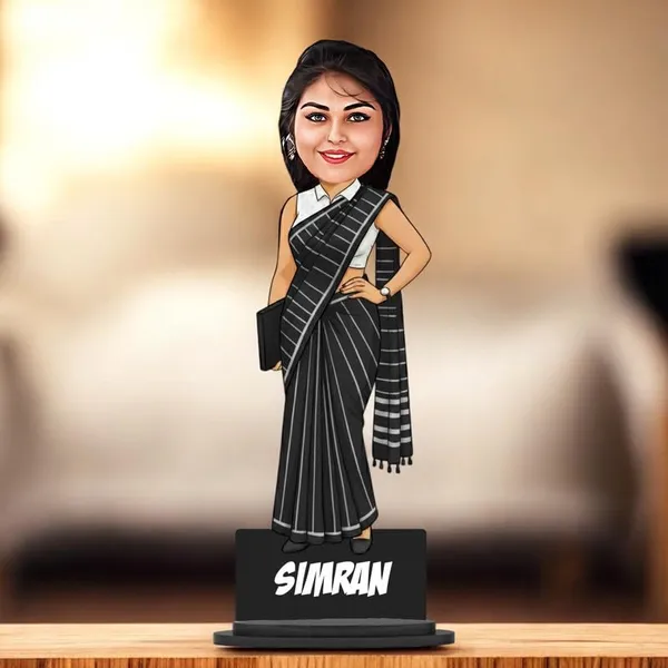 Personalized_Girl_Caricature_in_Saree_with_Purse,_7_Inch_Custom_2D_Wooden_Figurine_with_Stand_&_Acrylic_Nameplate,_Double_Layer_Glossy_Laminated_MDF_Gift_for_Women_&_Girls,_Any_Dress_&_Profession