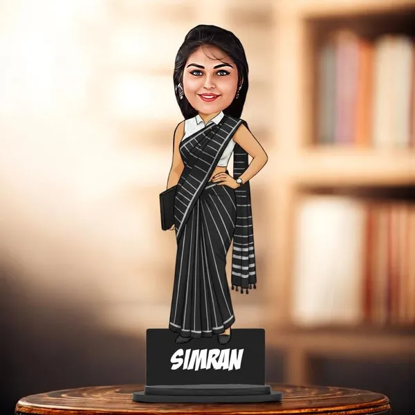 Personalized_Girl_Caricature_in_Saree_with_Purse,_7_Inch_Custom_2D_Wooden_Figurine_with_Stand_&_Acrylic_Nameplate,_Double_Layer_Glossy_Laminated_MDF_Gift_for_Women_&_Girls,_Any_Dress_&_Profession