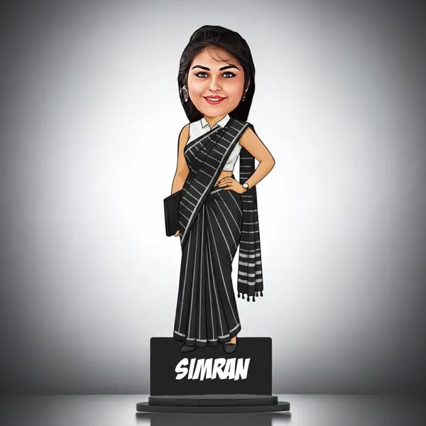 Personalized_Girl_Caricature_in_Saree_with_Purse,_7_Inch_Custom_2D_Wooden_Figurine_with_Stand_&_Acrylic_Nameplate,_Double_Layer_Glossy_Laminated_MDF_Gift_for_Women_&_Girls,_Any_Dress_&_Profession