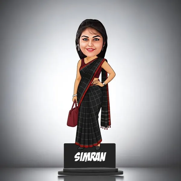 Personalized_Girl_Caricature_in_Saree_with_Purse,_7_Inch_Custom_2D_Wooden_Figurine_with_Stand_&_Acrylic_Nameplate,_Double_Layer_Glossy_Laminated_MDF_Gift_for_Women_&_Girls,_Any_Dress_&_Profession