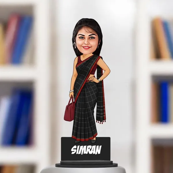 Personalized_Girl_Caricature_in_Saree_with_Purse,_7_Inch_Custom_2D_Wooden_Figurine_with_Stand_&_Acrylic_Nameplate,_Double_Layer_Glossy_Laminated_MDF_Gift_for_Women_&_Girls,_Any_Dress_&_Profession