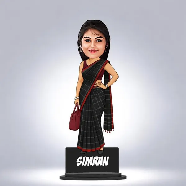 Personalized_Girl_Caricature_in_Saree_with_Purse,_7_Inch_Custom_2D_Wooden_Figurine_with_Stand_&_Acrylic_Nameplate,_Double_Layer_Glossy_Laminated_MDF_Gift_for_Women_&_Girls,_Any_Dress_&_Profession