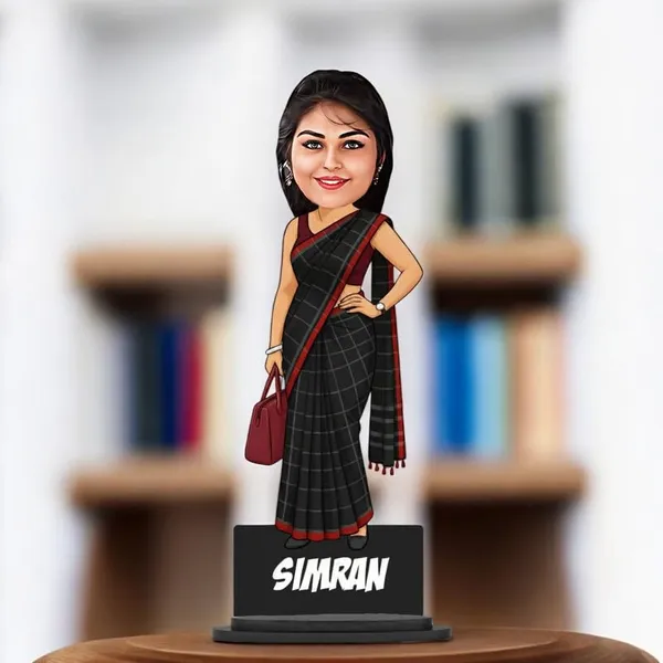 Personalized_Girl_Caricature_in_Saree_with_Purse,_7_Inch_Custom_2D_Wooden_Figurine_with_Stand_&_Acrylic_Nameplate,_Double_Layer_Glossy_Laminated_MDF_Gift_for_Women_&_Girls,_Any_Dress_&_Profession
