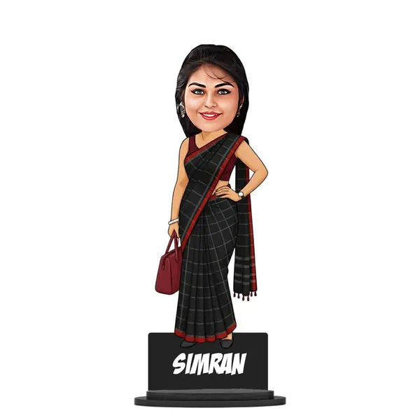 Personalized_Girl_Caricature_in_Saree_with_Purse,_7_Inch_Custom_2D_Wooden_Figurine_with_Stand_&_Acrylic_Nameplate,_Double_Layer_Glossy_Laminated_MDF_Gift_for_Women_&_Girls,_Any_Dress_&_Profession