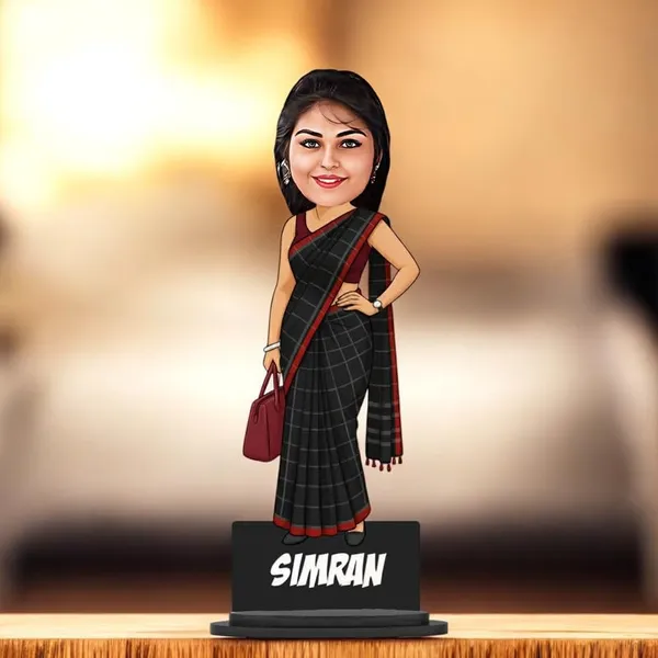 Personalized_Girl_Caricature_in_Saree_with_Purse,_7_Inch_Custom_2D_Wooden_Figurine_with_Stand_&_Acrylic_Nameplate,_Double_Layer_Glossy_Laminated_MDF_Gift_for_Women_&_Girls,_Any_Dress_&_Profession
