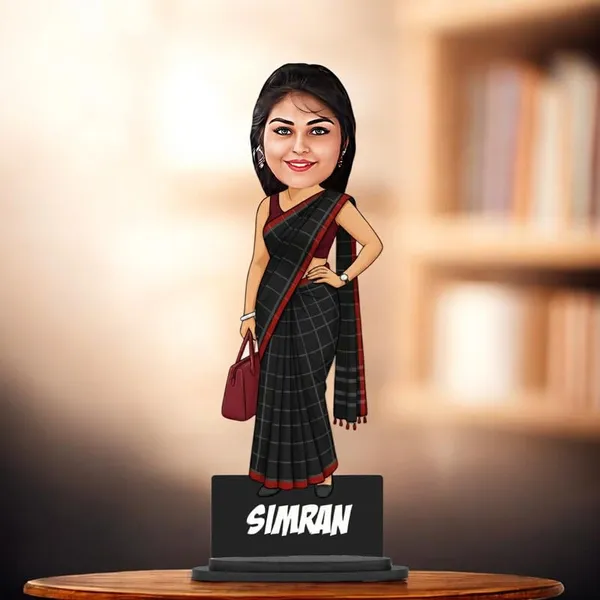 Personalized_Girl_Caricature_in_Saree_with_Purse,_7_Inch_Custom_2D_Wooden_Figurine_with_Stand_&_Acrylic_Nameplate,_Double_Layer_Glossy_Laminated_MDF_Gift_for_Women_&_Girls,_Any_Dress_&_Profession