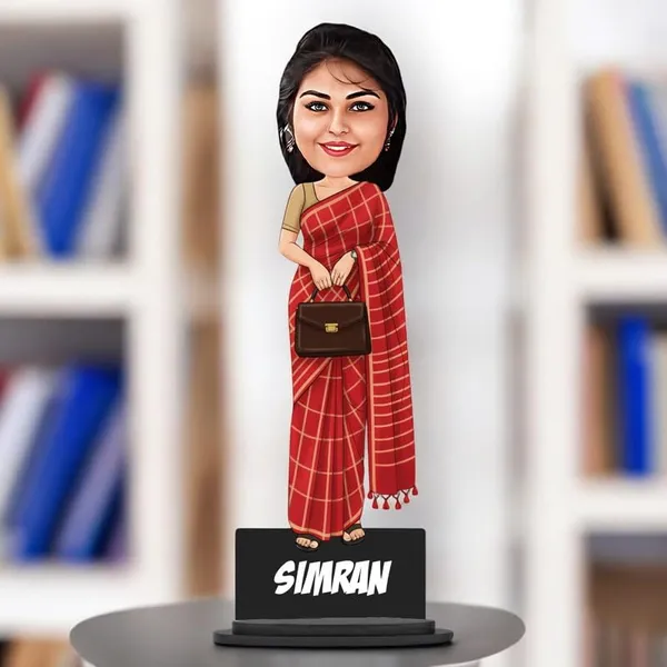 Personalized_Red_Saree_Girl_Caricature_Cutout_with_Acrylic_Name_|_Glossy_Double-Layer_Laminated_MDF_with_Stand_|_Custom_Photo_Gift_for_Women_&_Men_|_Caricature_for_Any_Profession