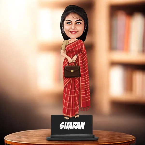 Personalized_Red_Saree_Girl_Caricature_Cutout_with_Acrylic_Name_|_Glossy_Double-Layer_Laminated_MDF_with_Stand_|_Custom_Photo_Gift_for_Women_&_Men_|_Caricature_for_Any_Profession