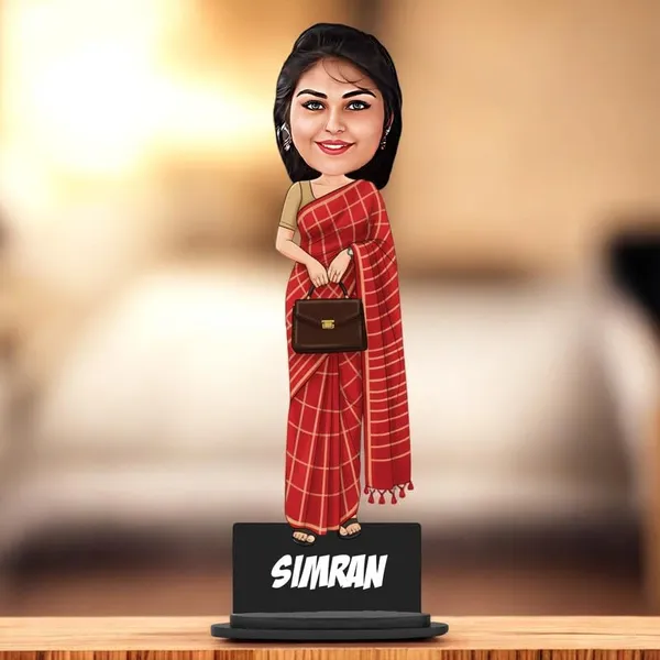 Personalized_Red_Saree_Girl_Caricature_Cutout_with_Acrylic_Name_|_Glossy_Double-Layer_Laminated_MDF_with_Stand_|_Custom_Photo_Gift_for_Women_&_Men_|_Caricature_for_Any_Profession