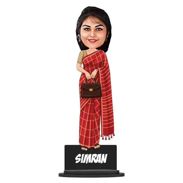 Personalized_Red_Saree_Girl_Caricature_Cutout_with_Acrylic_Name_|_Glossy_Double-Layer_Laminated_MDF_with_Stand_|_Custom_Photo_Gift_for_Women_&_Men_|_Caricature_for_Any_Profession