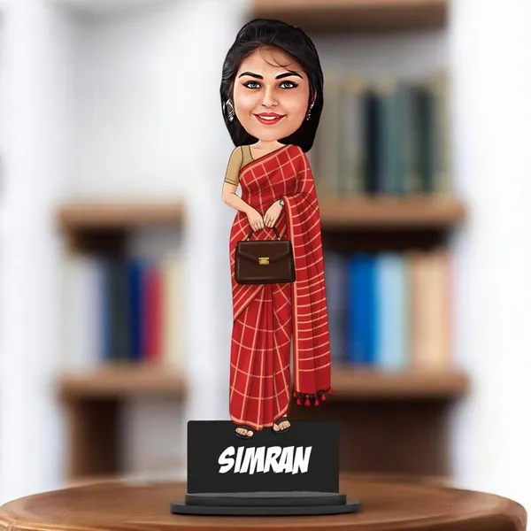 Personalized_Red_Saree_Girl_Caricature_Cutout_with_Acrylic_Name_|_Glossy_Double-Layer_Laminated_MDF_with_Stand_|_Custom_Photo_Gift_for_Women_&_Men_|_Caricature_for_Any_Profession