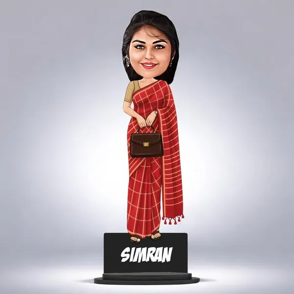 Personalized_Red_Saree_Girl_Caricature_Cutout_with_Acrylic_Name_|_Glossy_Double-Layer_Laminated_MDF_with_Stand_|_Custom_Photo_Gift_for_Women_&_Men_|_Caricature_for_Any_Profession