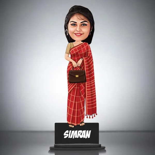 Personalized_Red_Saree_Girl_Caricature_Cutout_with_Acrylic_Name_|_Glossy_Double-Layer_Laminated_MDF_with_Stand_|_Custom_Photo_Gift_for_Women_&_Men_|_Caricature_for_Any_Profession