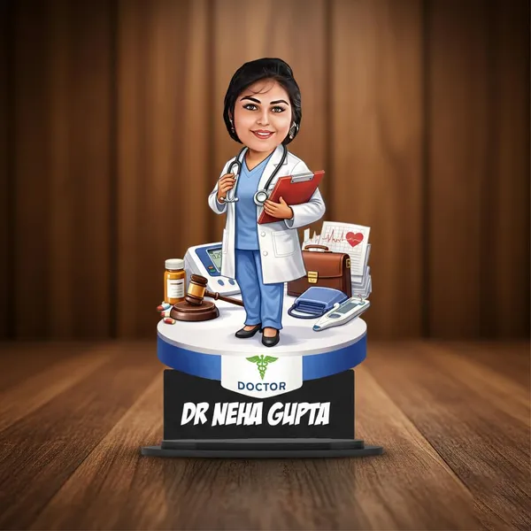 Customized_7_Inch_Doctor_Caricature_Stand_with_Acrylic_Name_|_Personalized_3D_Photo_Gift_for_Any_Profession_|_Double_Layer_Laminated_MDF_with_Glossy_Finish_|_Custom_Medical_Desk_Showpiece_for_Men_&_Women