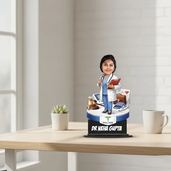 Customized_7_Inch_Doctor_Caricature_Stand_with_Acrylic_Name_|_Personalized_3D_Photo_Gift_for_Any_Profession_|_Double_Layer_Laminated_MDF_with_Glossy_Finish_|_Custom_Medical_Desk_Showpiece_for_Men_&_Women