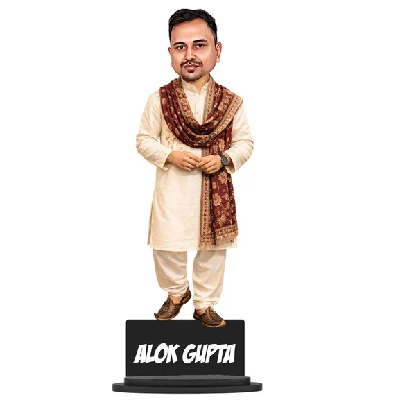 Customized_2D_Traditional_Indian_Caricature_with_Acrylic_Name_|_Personalized_Wooden_MDF_Gift_for_Men_&_Women_|_Ethnic_Outfit_Caricature_with_Stand