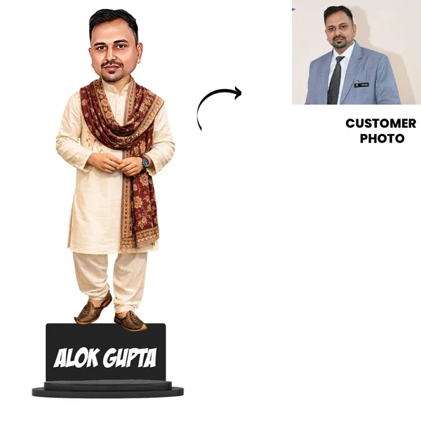 Customized_2D_Traditional_Indian_Caricature_with_Acrylic_Name_|_Personalized_Wooden_MDF_Gift_for_Men_&_Women_|_Ethnic_Outfit_Caricature_with_Stand