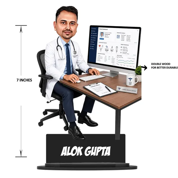 Personalized_Doctor_Caricature_Cutout_with_Acrylic_Name_|_Custom_Doctor_at_Workstation_Design_|_Glossy_Double-Layer_Laminated_MDF_with_Stand_|_Unique_Medical_Gift_for_Men_&_Women_|_Caricature_for_Any_Profession