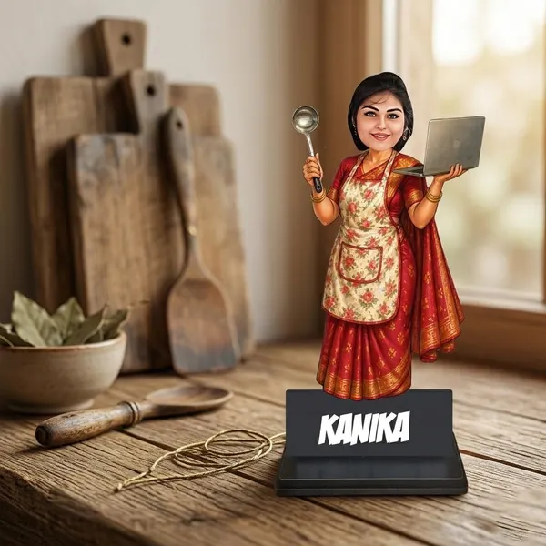 Personalized_Multitasking_Woman_Caricature_|_Custom_Working_Woman_&_Homemaker_Gift_|_7_Inch_Double_Wood_MDF_Figurine_with_Acrylic_Name_|_Any_Profession_Custom_Caricature_for_Men_&_Women