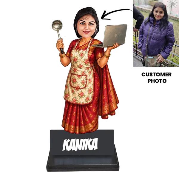 Personalized_Multitasking_Woman_Caricature_|_Custom_Working_Woman_&_Homemaker_Gift_|_7_Inch_Double_Wood_MDF_Figurine_with_Acrylic_Name_|_Any_Profession_Custom_Caricature_for_Men_&_Women