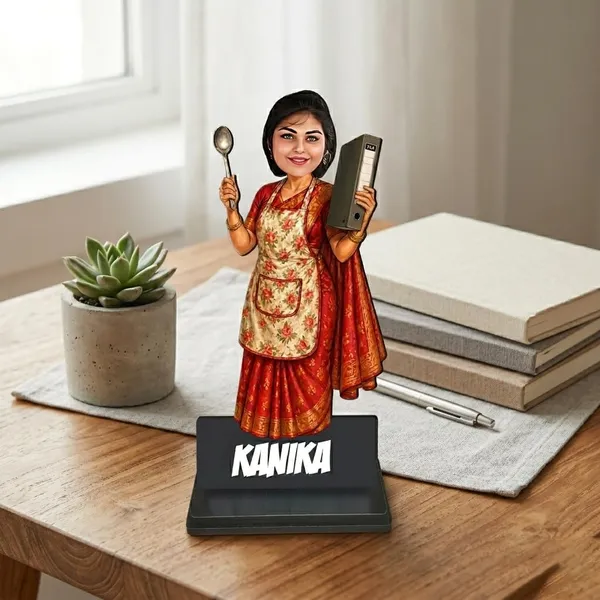 Personalized_Multitasking_Woman_Caricature_|_Custom_Working_Woman_&_Homemaker_Gift_|_7_Inch_Double_Wood_MDF_Figurine_with_Acrylic_Name_|_Any_Profession_Custom_Caricature_for_Men_&_Women