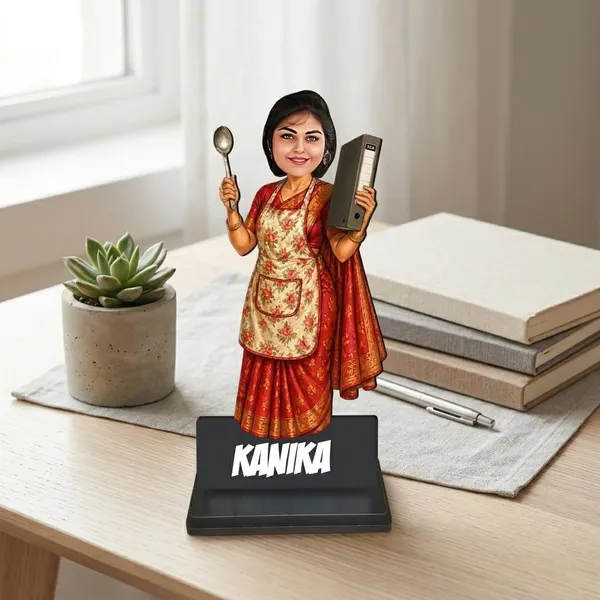Personalized_Multitasking_Woman_Caricature_|_Custom_Working_Woman_&_Homemaker_Gift_|_7_Inch_Double_Wood_MDF_Figurine_with_Acrylic_Name_|_Any_Profession_Custom_Caricature_for_Men_&_Women