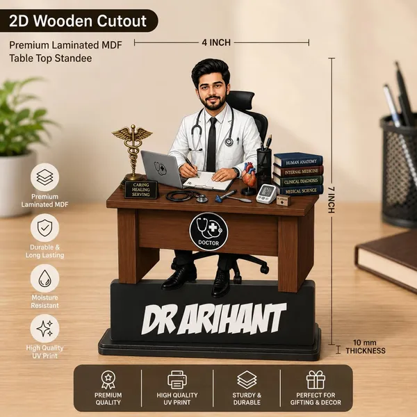 Personalized_Doctor_Caricature,_7_Inch_Custom_2D_Wooden_Figurine_with_Stand_&_Acrylic_Nameplate,_Double_Layer_Glossy_Laminated_MDF_Gift_for_Doctors_both_Male_&_Female