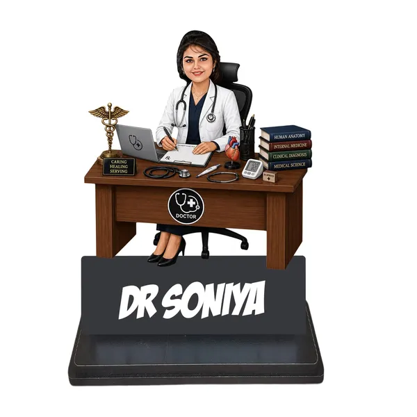 Personalized_2D_Doctor_Caricature_with_Name_|_Custom_Female_Doctor_Desk_Standee_|_Double_Layer_Laminated_MDF_with_Glossy_Finish_|_Medical_Gift_for_Men_&_Women